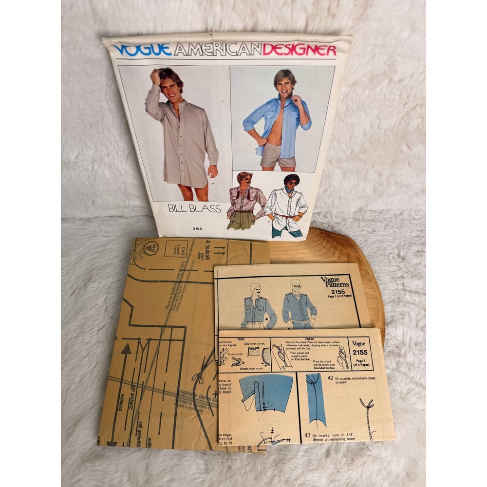 Vintage Vogue 2155 Bill Blass Mens Shirt & Shorts Sewing Pattern Sz 38 70s UNCUT - Picture 3 of 3